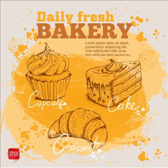 Fresh bread with bakery poster hand drawn vector 08
