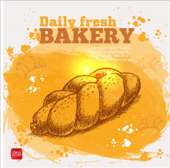 Fresh bread with bakery poster hand drawn vector 12