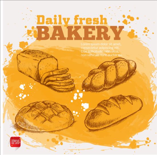 Fresh bread with bakery poster hand drawn vector 13