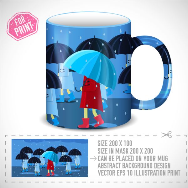 Girl and umbrella with mug vector 02