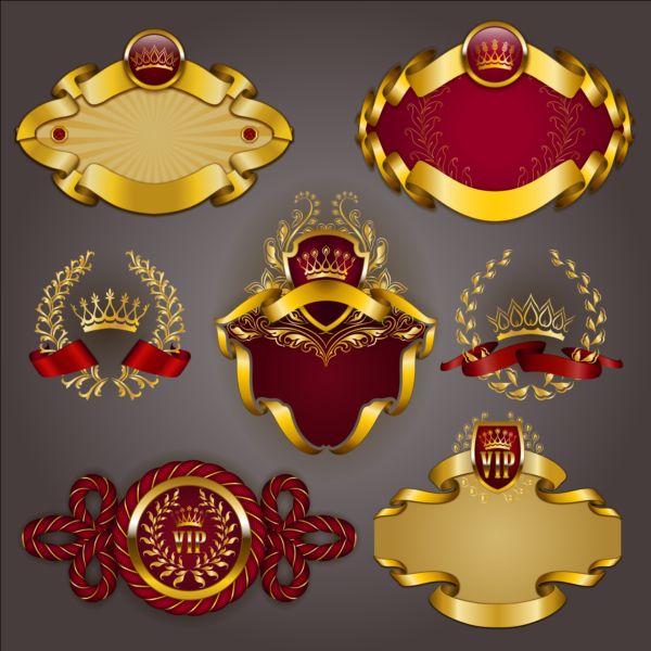 Gold crown VIP labels vector set 01