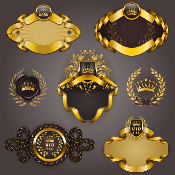 Gold crown VIP labels vector set 03