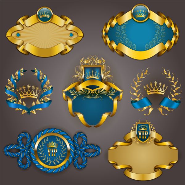 Gold crown VIP labels vector set 04