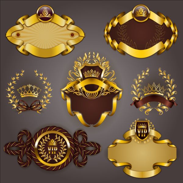 Gold crown VIP labels vector set 05