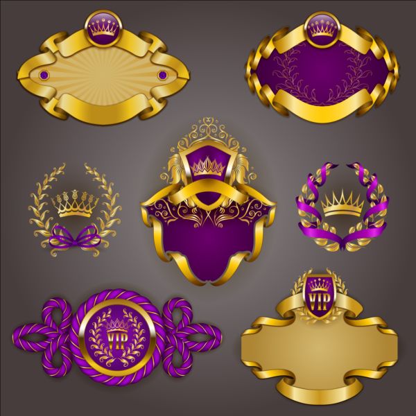 Gold crown VIP labels vector set 09