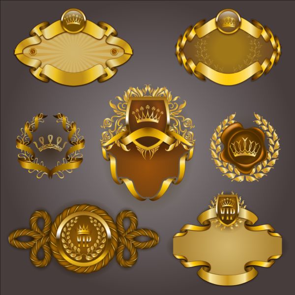 Gold crown VIP labels vector set 12