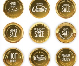 Golden badges and labels with laurel wreath vector