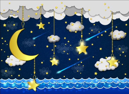 Golden stra with moon and cloud cartoon vector 06