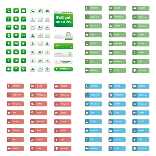 Green website icons with flat button vector