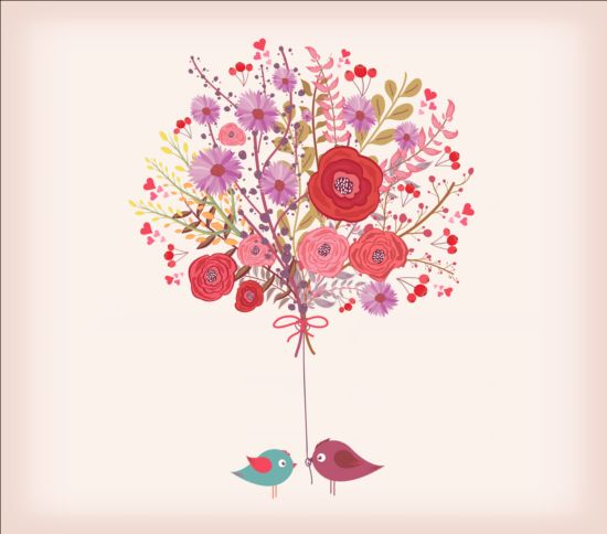 Hand drawn watercolor flowers and birds vector