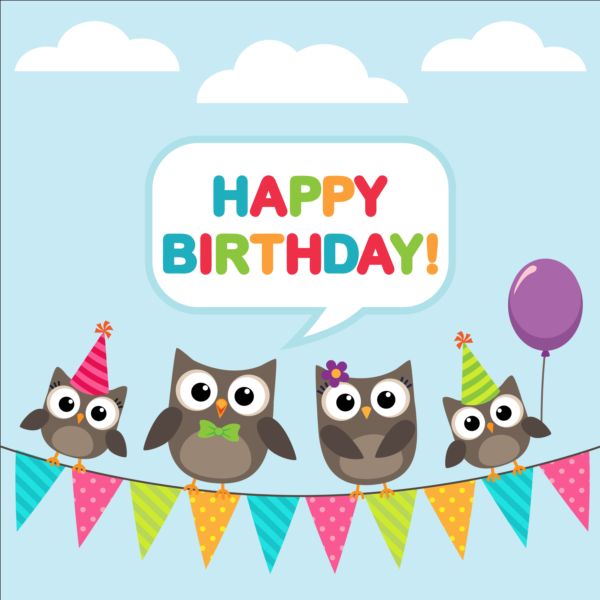 Happy birthday card and cute owls vector 03