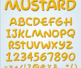 Mustard yellow alphabet with numbers and sign vector