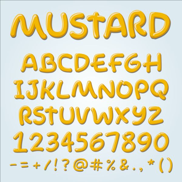 Mustard yellow alphabet with numbers and sign vector