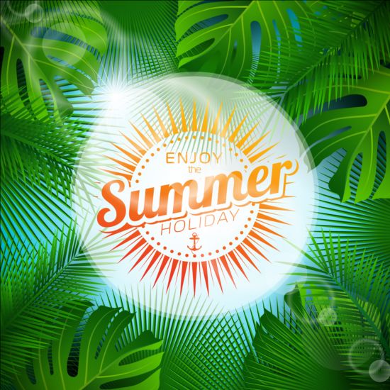 Palm leaves frame with summer background vector 02