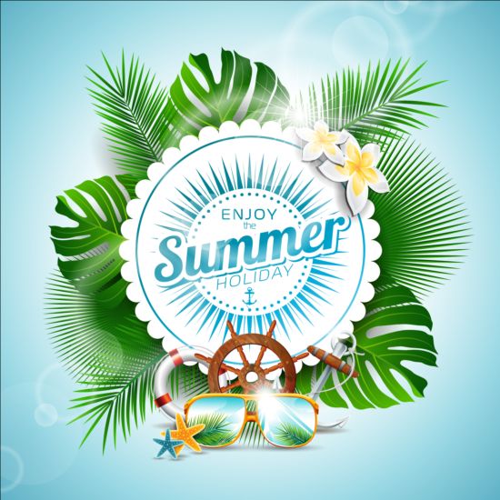 Palm leaves frame with summer background vector 03