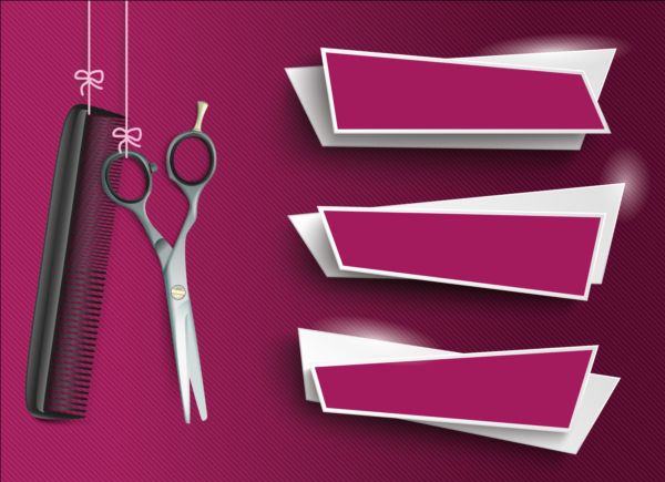Scissors comb with purple abstract banners vector