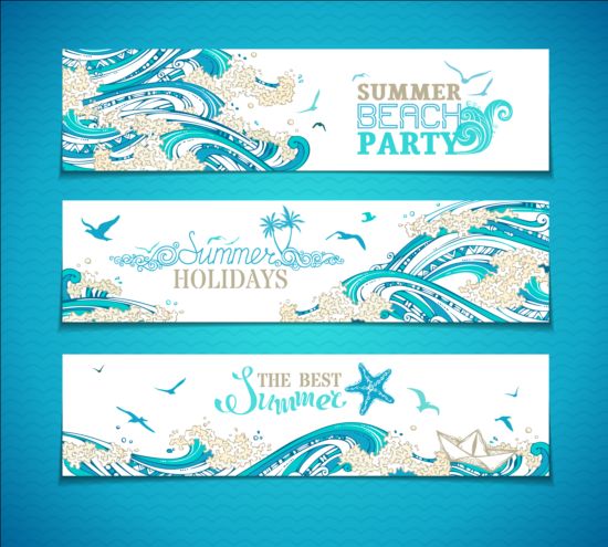 Sea wavy with summer banners vector 01