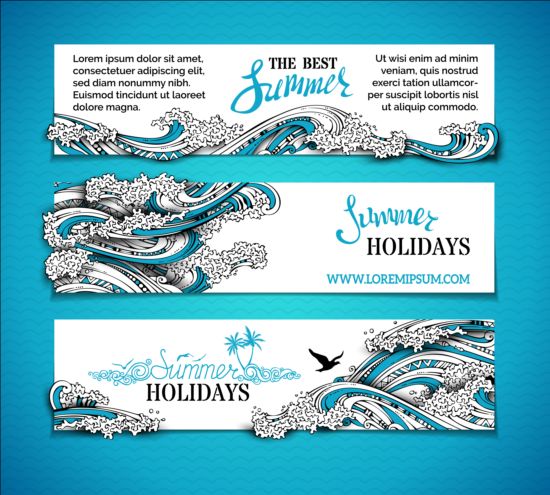 Sea wavy with summer banners vector 02