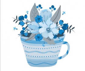 Teacup with watercolor flowers vector 01