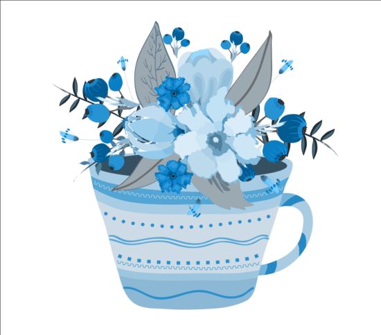Teacup with watercolor flowers vector 01