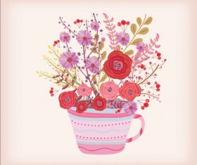 Teacup with watercolor flowers vector 02
