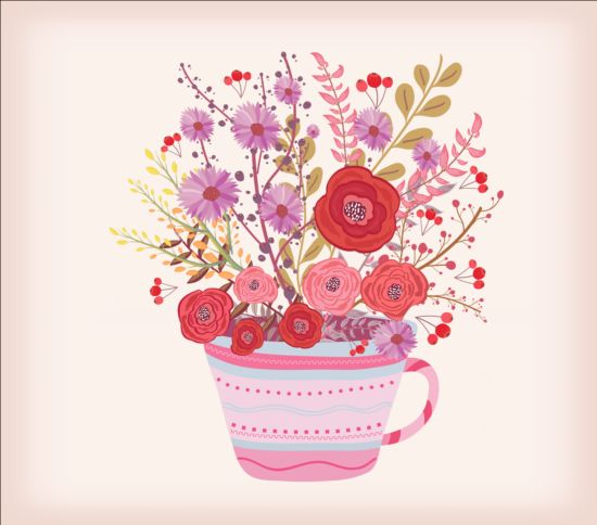 Teacup with watercolor flowers vector 02