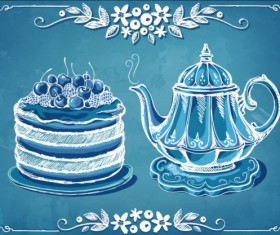 Teapot with fruit cake vectors
