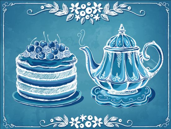 Teapot with fruit cake vectors