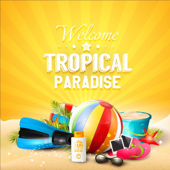 Tropical paradise holiday with orange background vector 02