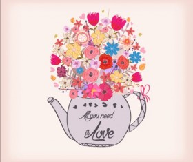 Watercolor flowers and cup tea hand drawn vector 01