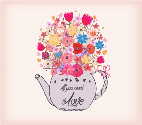 Watercolor flowers and cup tea hand drawn vector 01