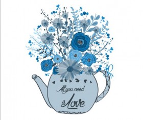 Watercolor flowers and cup tea hand drawn vector 02