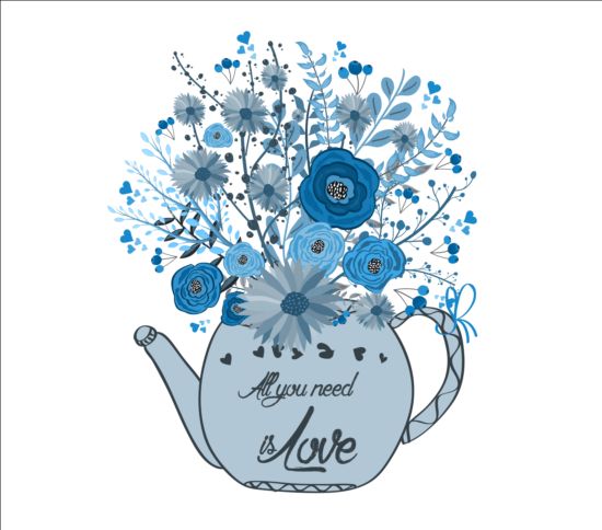 Watercolor flowers and cup tea hand drawn vector 02
