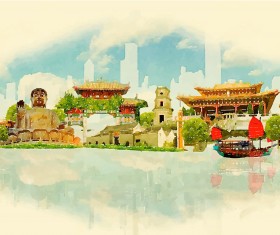 Watercolor honkkong pano vector