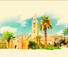 Watercolor marakech pano vector