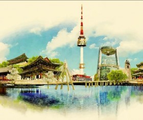 Watercolor seoul pano vector