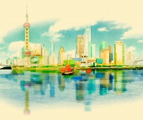 Watercolor shanghai pano vector