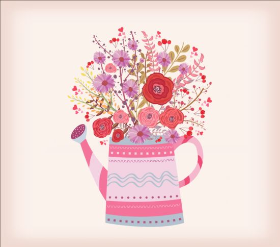 Watering can with watercolor flowers vector material 03