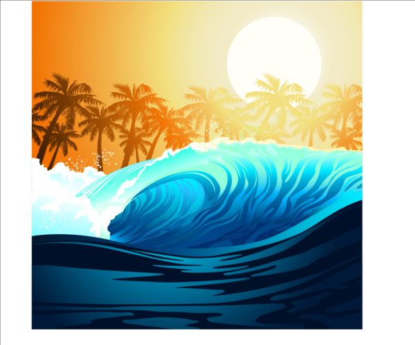 Wave with palm trees and sun vector background