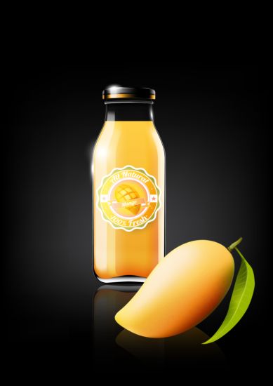 mango juice and glass bottle vector