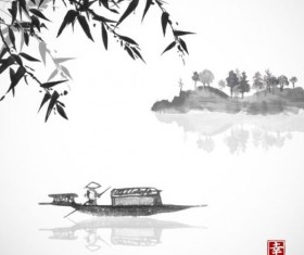 Bamboo with landscape painting vector 01