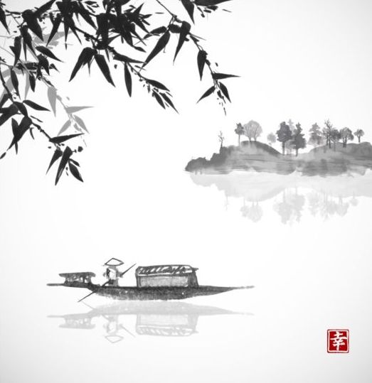 Bamboo with landscape painting vector 01