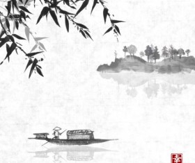 Bamboo with landscape painting vector 02