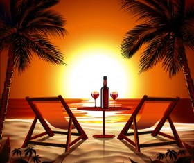 Beach sunset background with wine vector