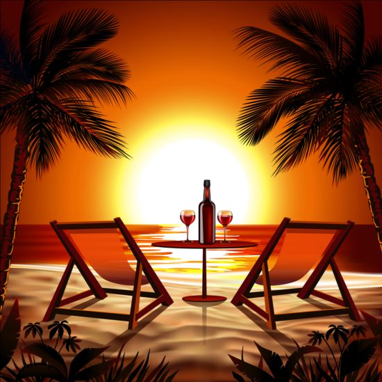 Beach sunset background with wine vector