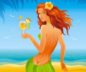 Beautiful girl with summer beach vector 01
