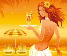 Beautiful girl with summer beach vector 02