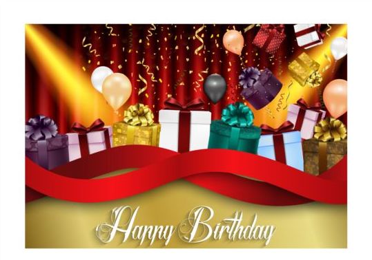 Birthday gift with balloon and confetti cards vector