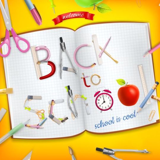 Blank book background with school supplies vector