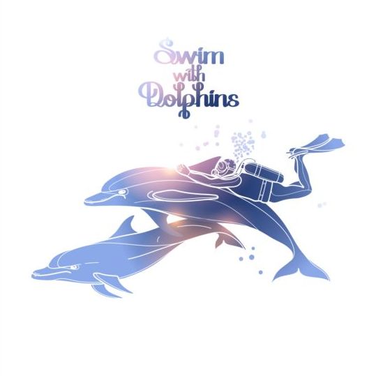 Blue dolphin with summer background vector 08